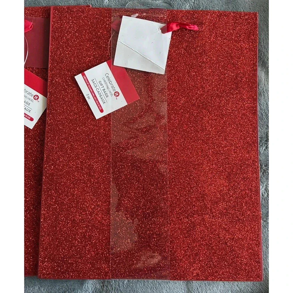 Set of 8 Red Glitter Christmas Gift Bags Holiday Present Bags Sparkly
